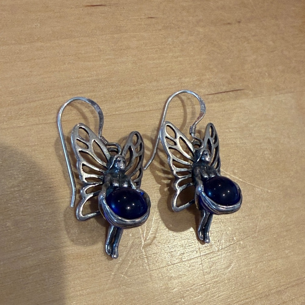 Large sterling silver Fairy Earrings with Blue Stone
